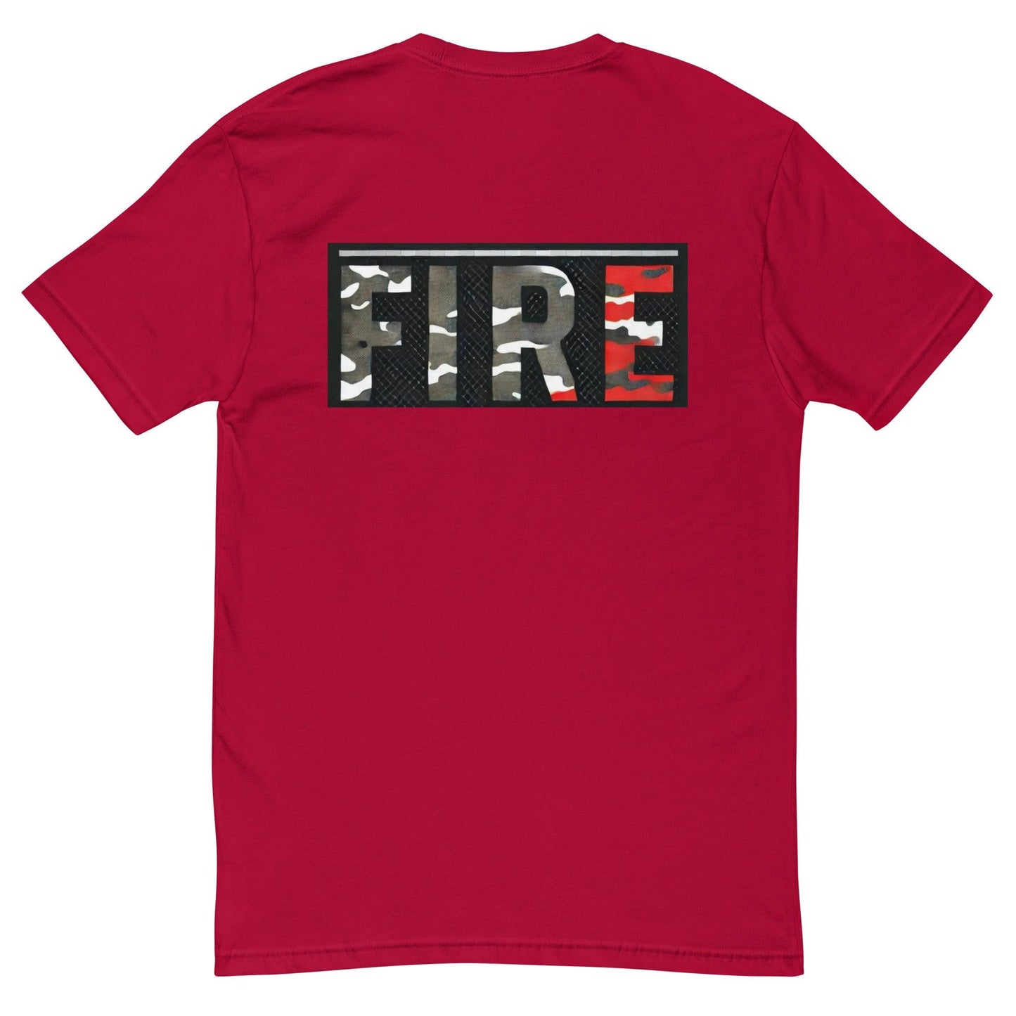 Red short sleeve t-shirt with camo "FIRE" graphic on the back, ideal for firefighter apparel and gifts.