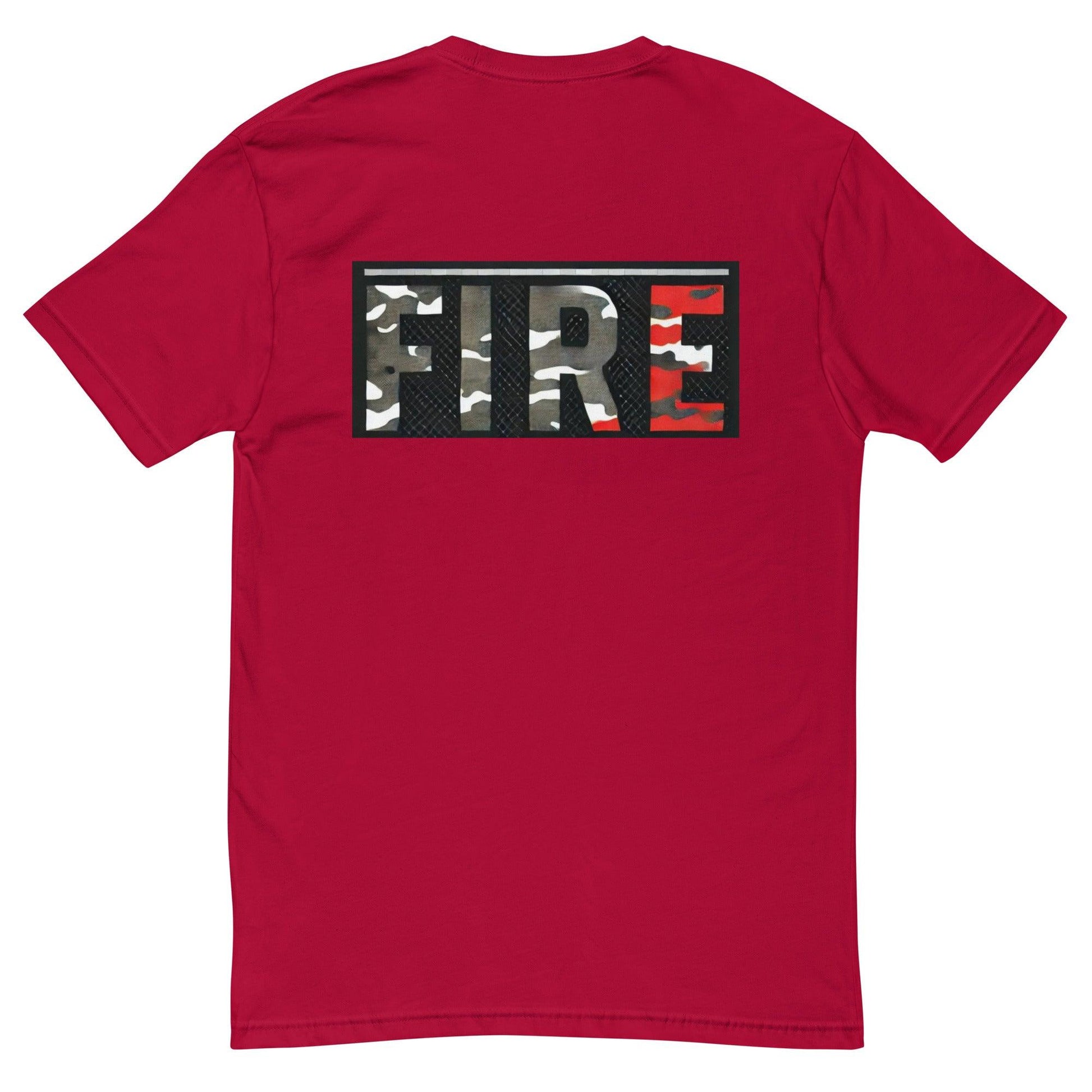 Red short sleeve t-shirt with camo "FIRE" graphic on the back, ideal for firefighter apparel and gifts.