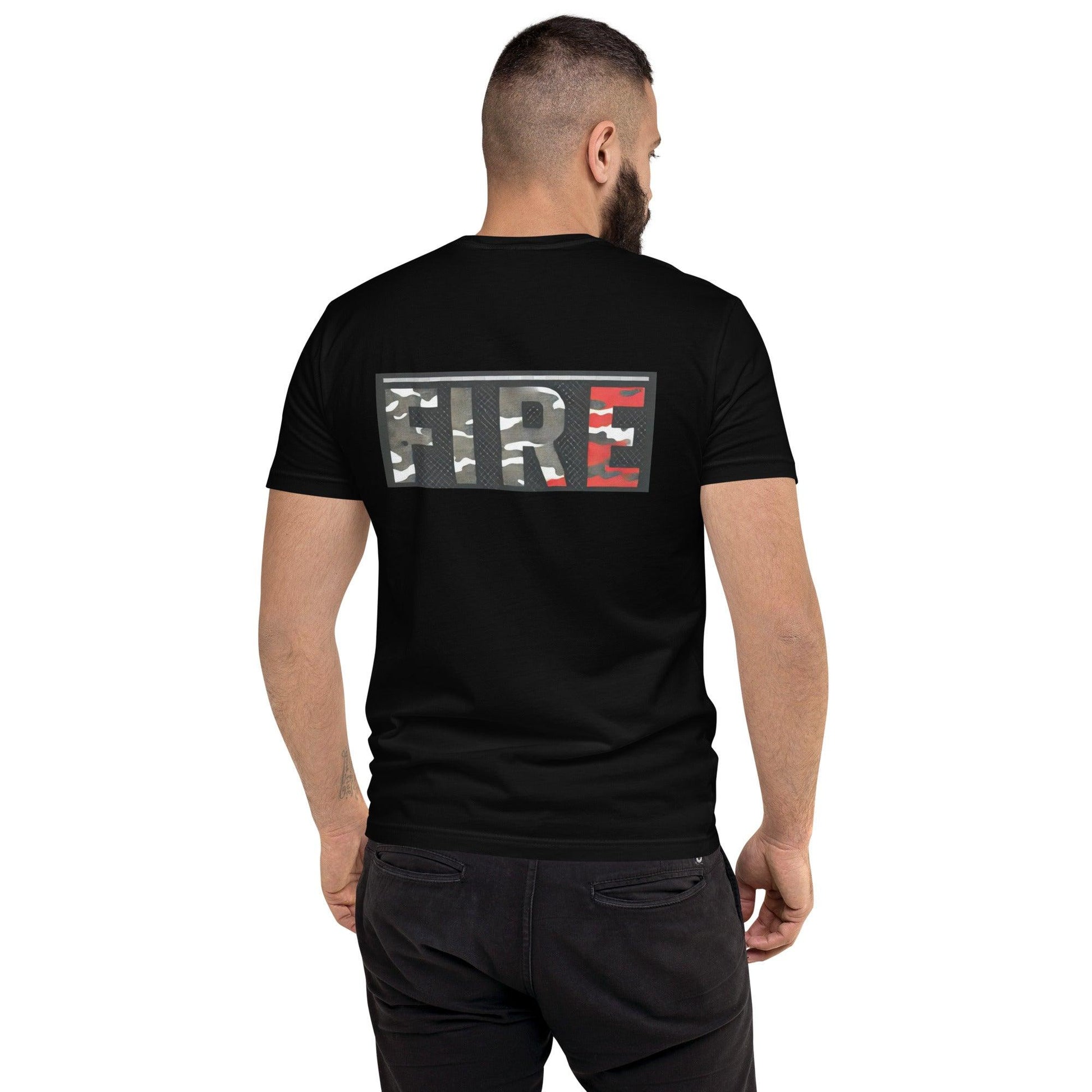 Black short sleeve t-shirt featuring a camo FIRE design on the back, perfect for firefighter apparel and gifts.