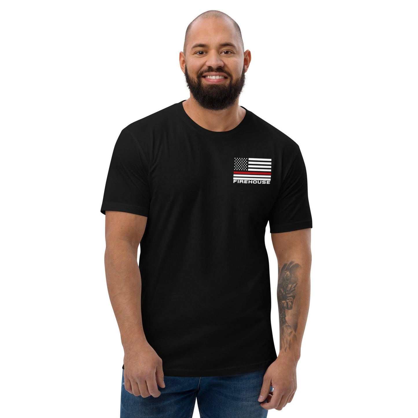 Black short sleeve t-shirt with firefighter flag design, ideal for firehouse gifts and firefighter apparel.