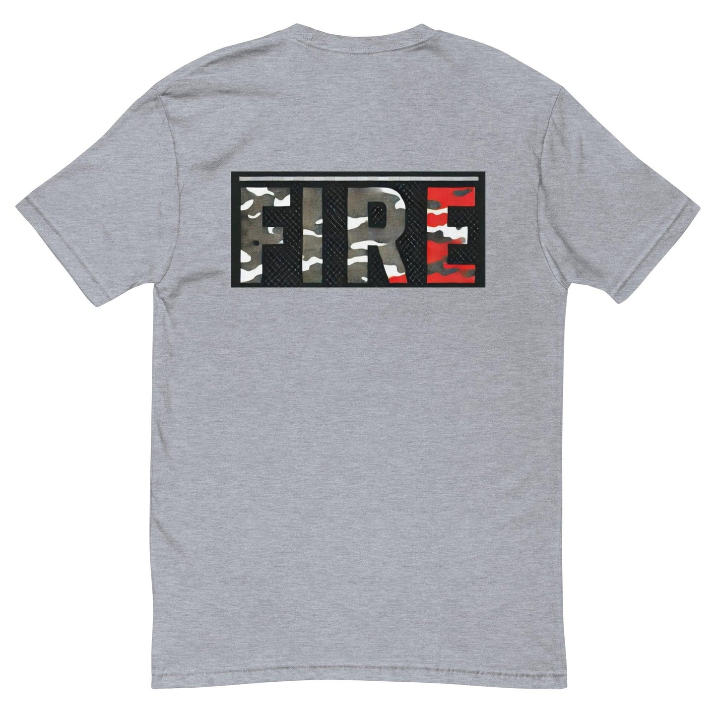 Back view of a grey short sleeve t-shirt featuring a camo "FIRE" graphic, perfect for firefighter gear and gifts.