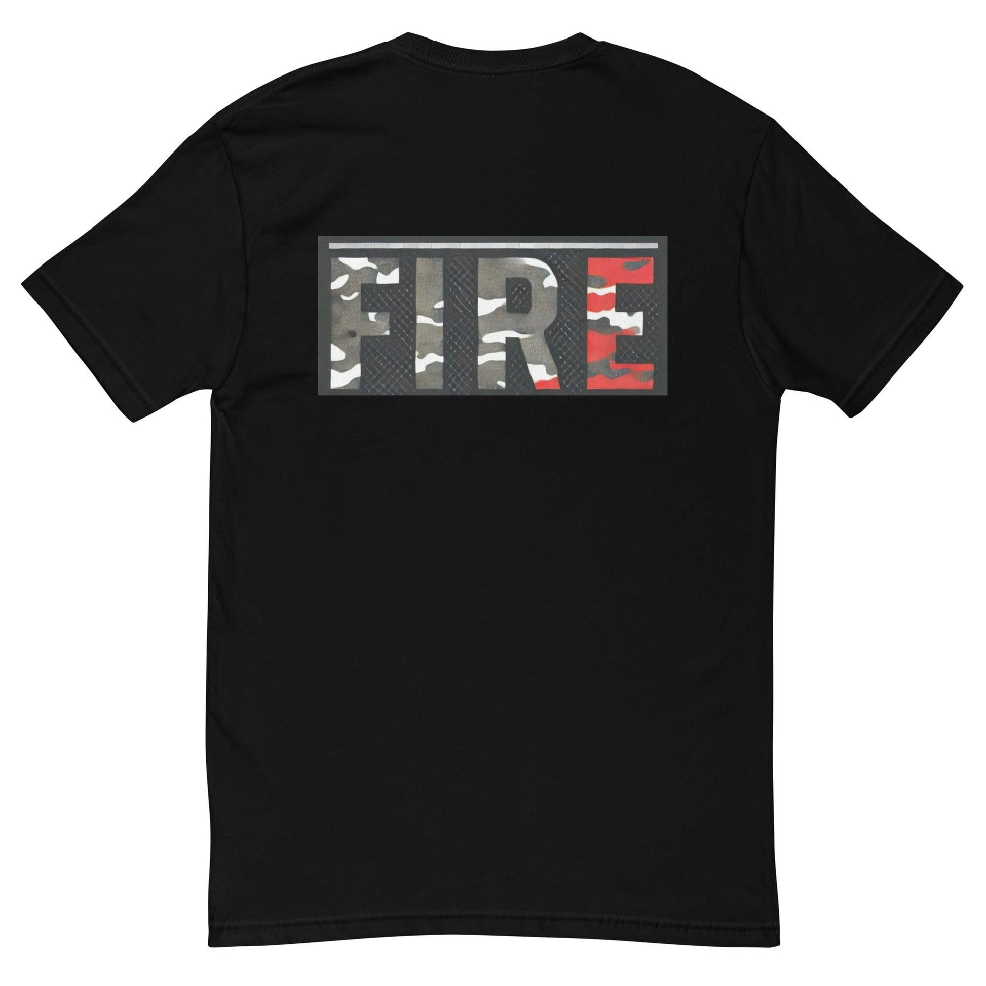 Black short sleeve t-shirt featuring a camouflage 'FIRE' design on the back, perfect for firefighter apparel and gifts.