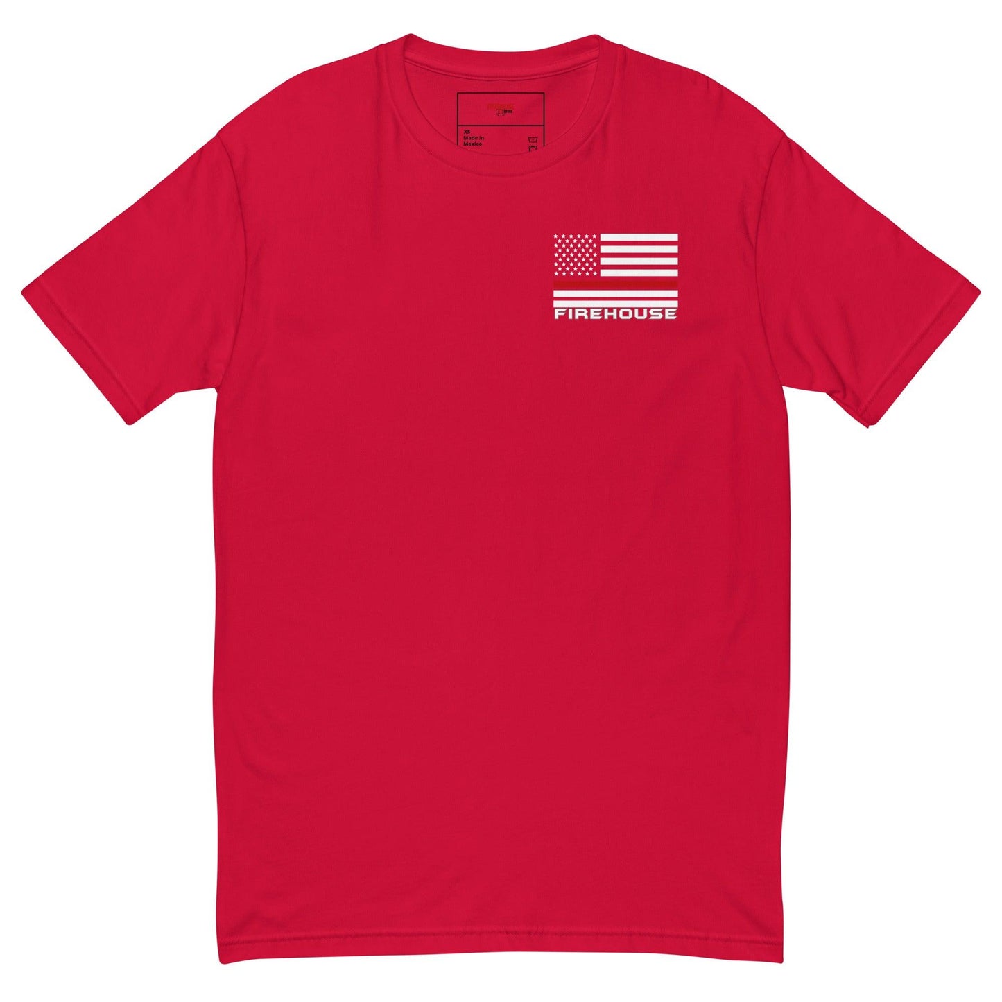 Red short sleeve t-shirt featuring an American flag and "FIREHOUSE" text, perfect for firefighter apparel.