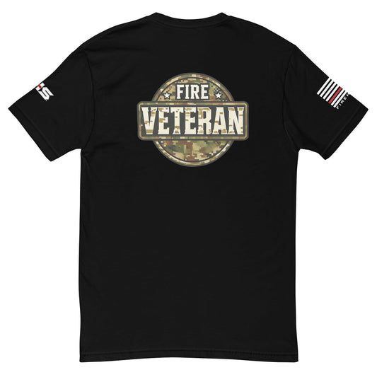 Black firefighter veteran t-shirt featuring a camo design and American flag detail, perfect for firefighter apparel and gifts.