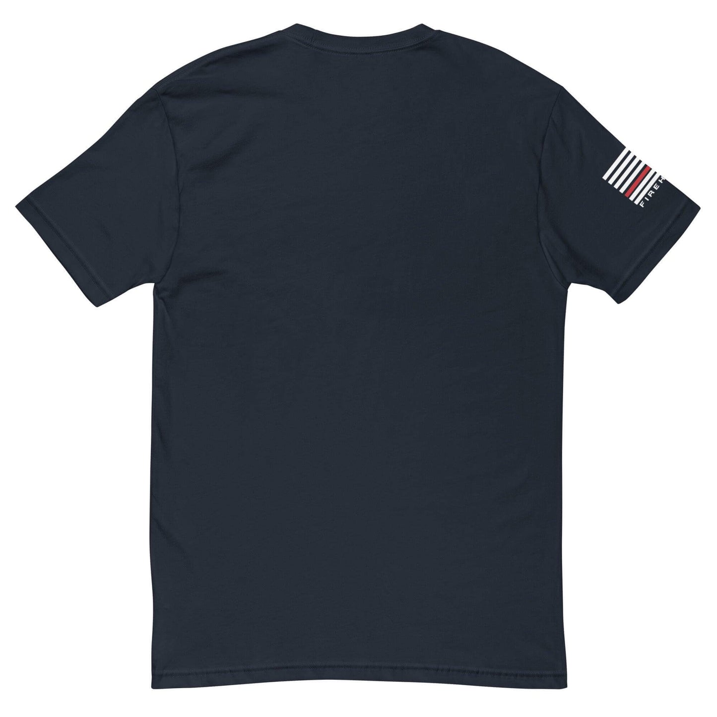 Back view of short sleeve t-shirt with firefighter design and stripe details, perfect for firefighter apparel and gifts.