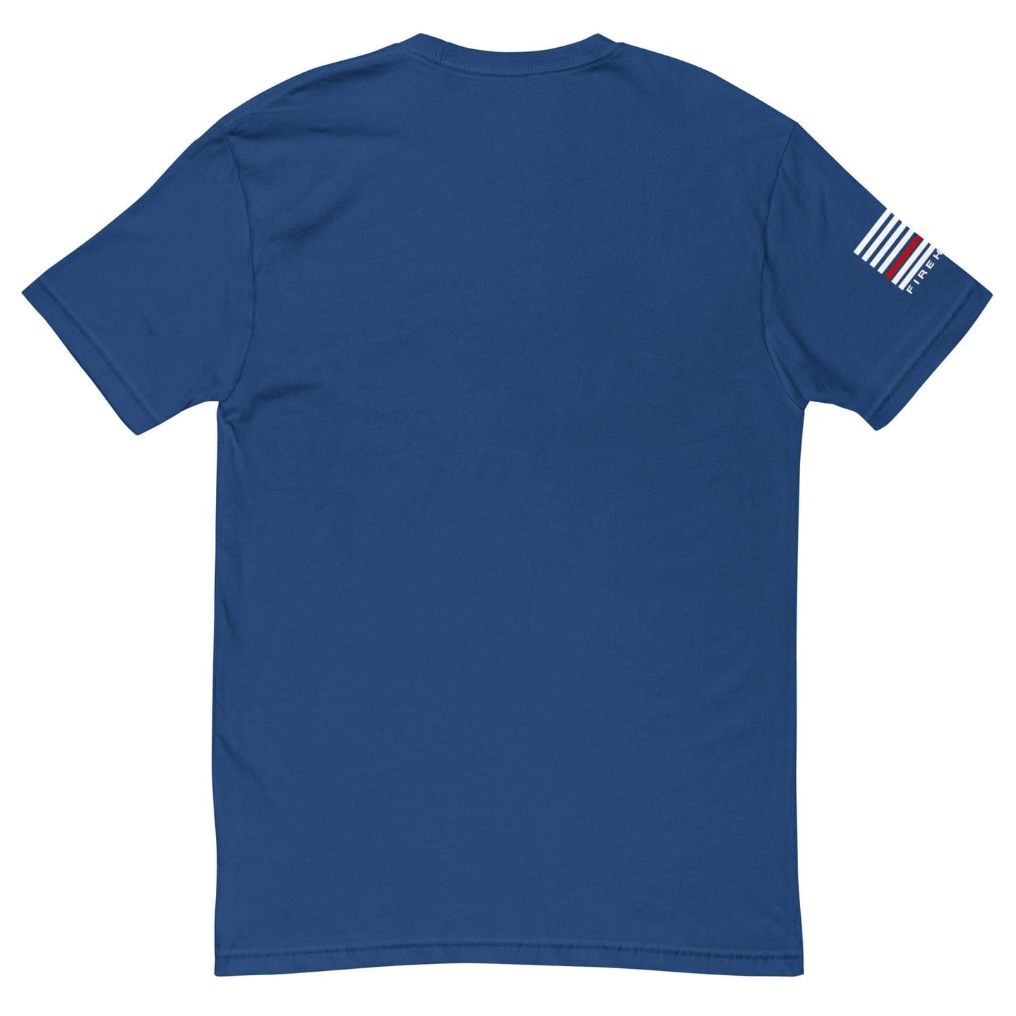 Back view of a blue short sleeve t-shirt featuring a decorative striped design on the sleeve, ideal for firefighter apparel.