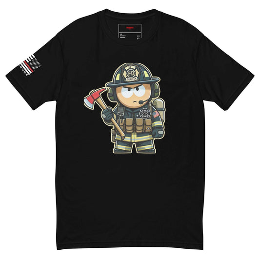 Cartoon firefighter graphic t-shirt featuring a character with an axe, perfect for firefighter gifts and apparel.