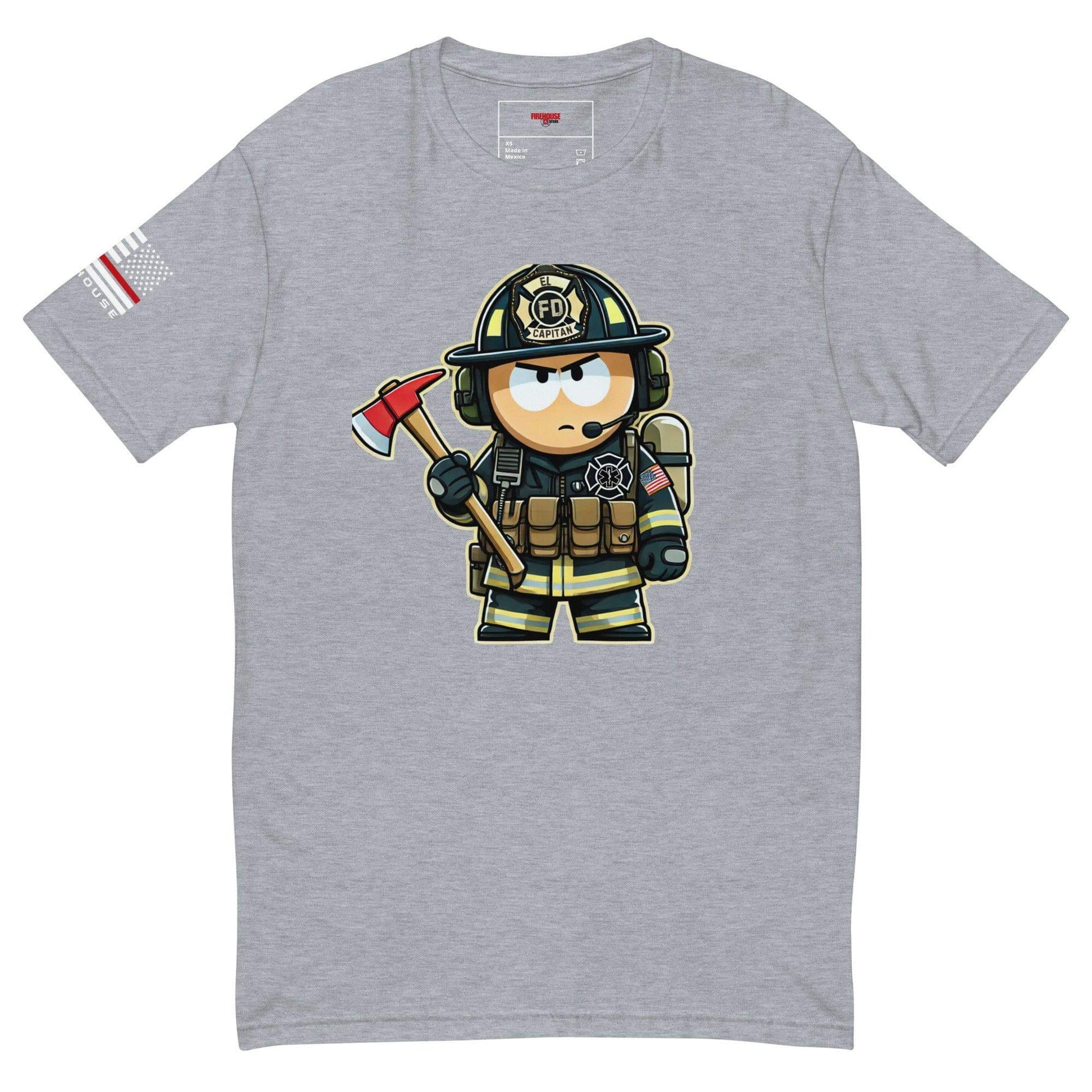 Cartoon firefighter t-shirt design in Heather Grey, featuring an axe and fire gear for a fun firefighter gift.