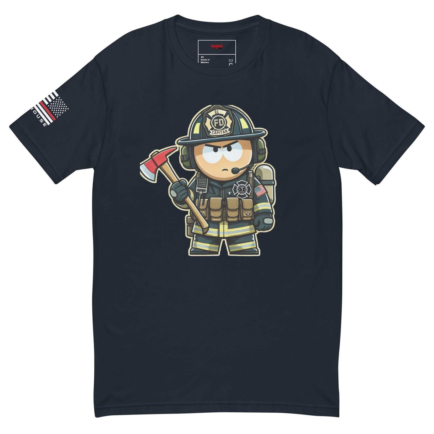 Cartoon firefighter graphic t-shirt with axe, perfect for firefighter gifts and apparel, featuring flag on sleeve.