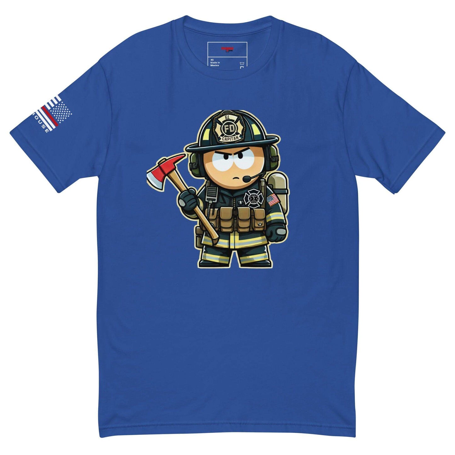 Cartoon firefighter t-shirt in blue, featuring an axe and firefighter gear, perfect for firefighter gifts and apparel.