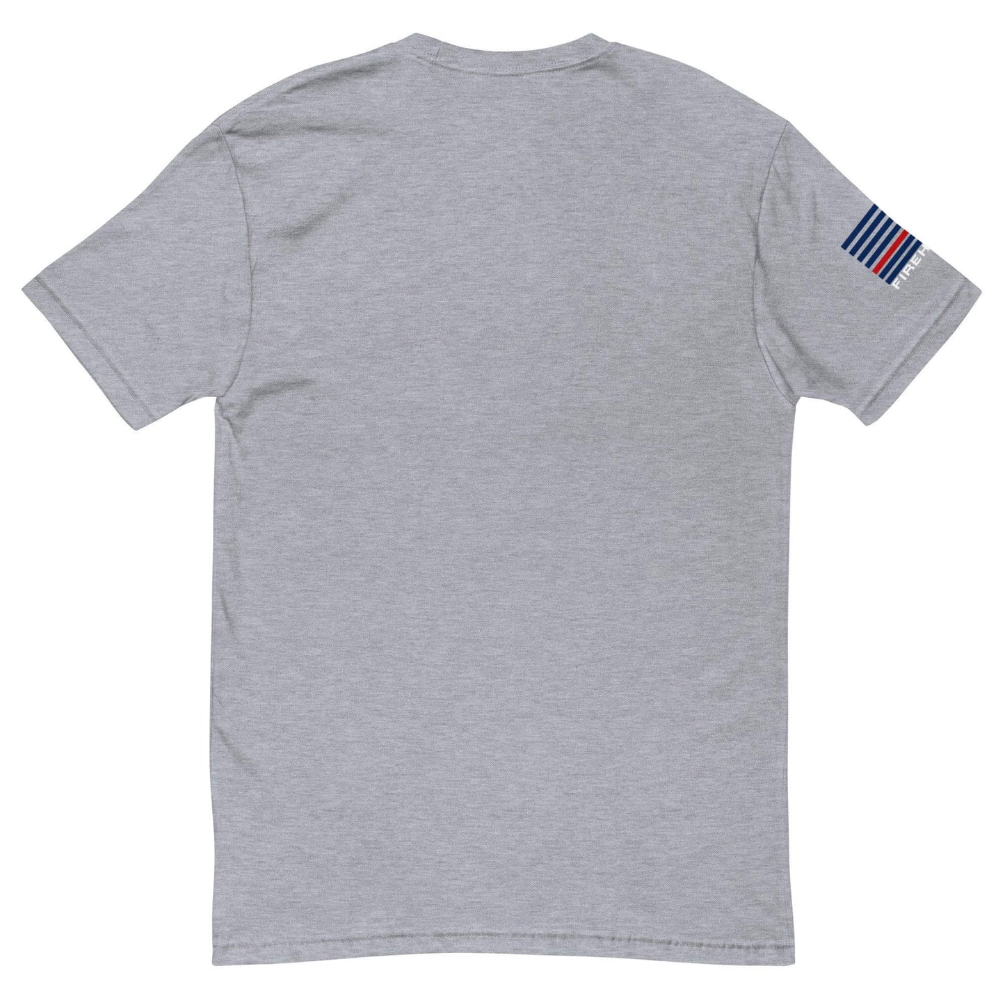 Back view of a comfortable grey short sleeve t-shirt with a firefighter flag emblem on the sleeve. Ideal firefighter apparel.