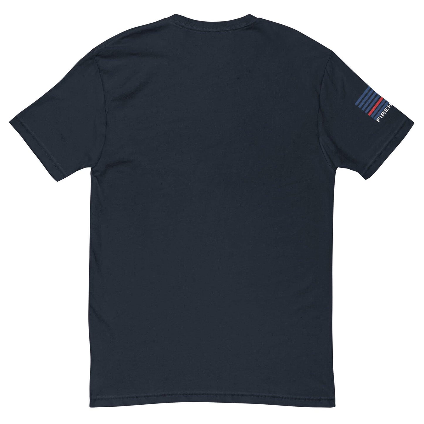 Back view of a comfortable black short sleeve t-shirt with firefighter flag design on sleeve, ideal firefighter apparel.