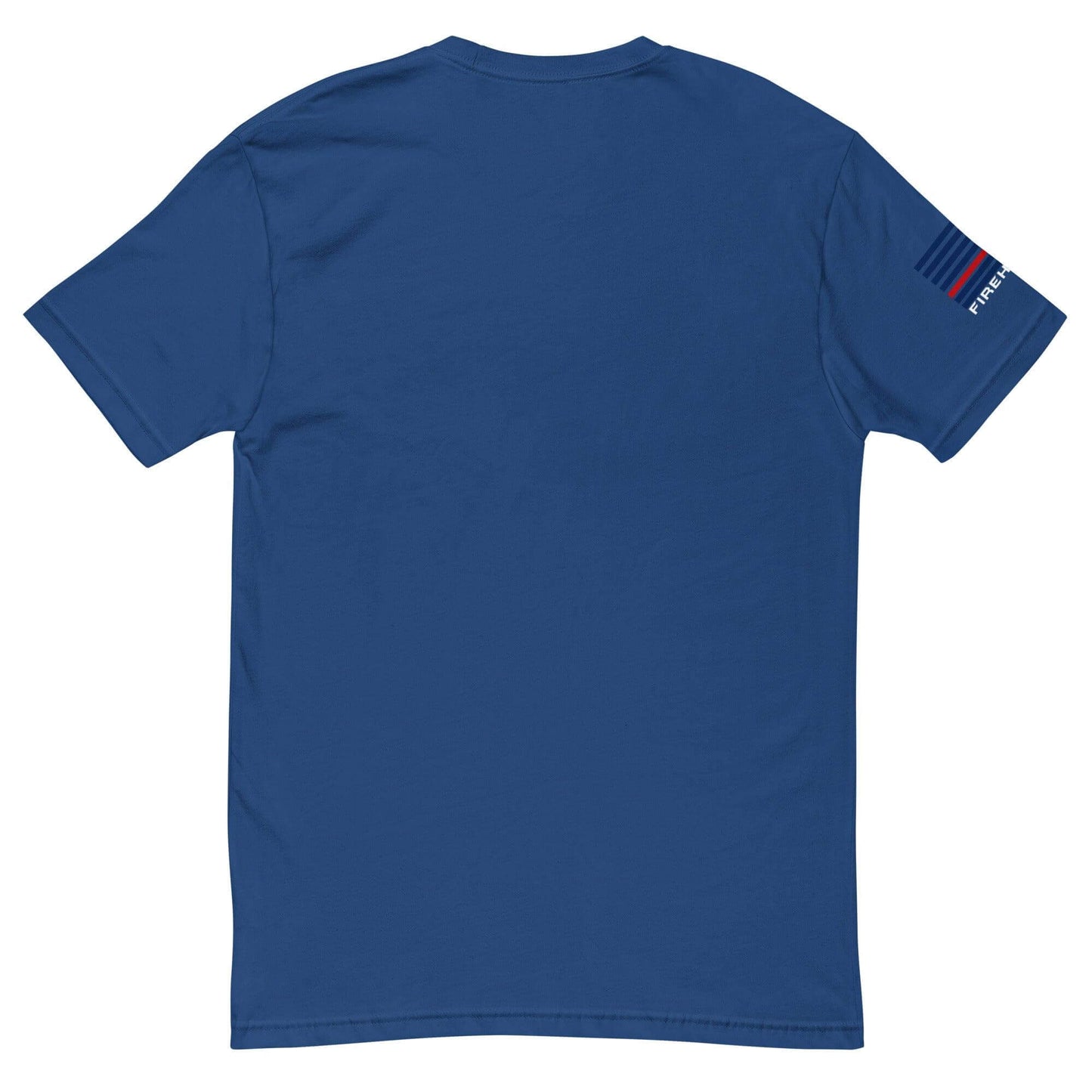 Back view of a blue short sleeve t-shirt featuring firefighter gear, ideal for firehouse apparel and gifts.