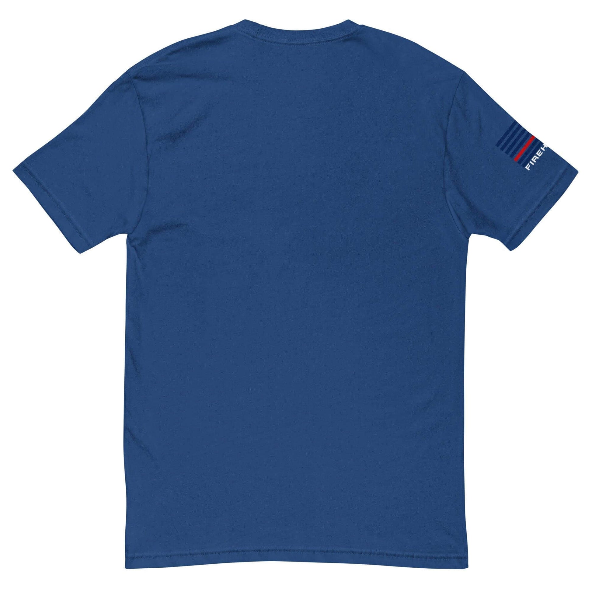 Back view of a blue short sleeve t-shirt featuring firefighter gear, ideal for firehouse apparel and gifts.