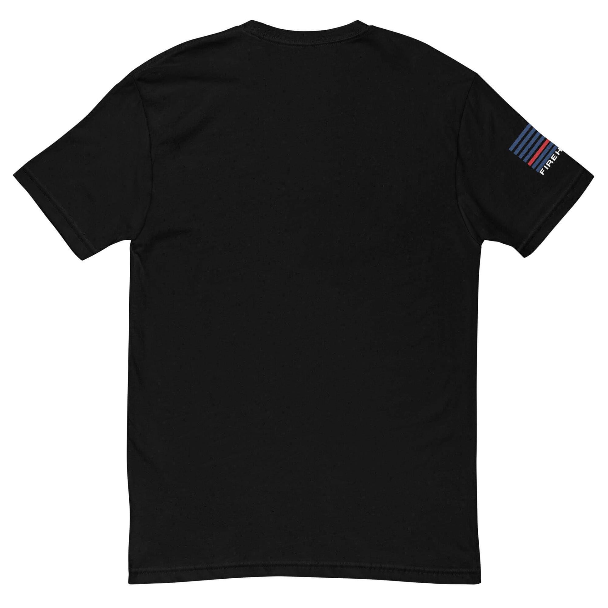 Black short sleeve t-shirt featuring a blue and red striped design on the sleeve, ideal for firefighter apparel and gifts.