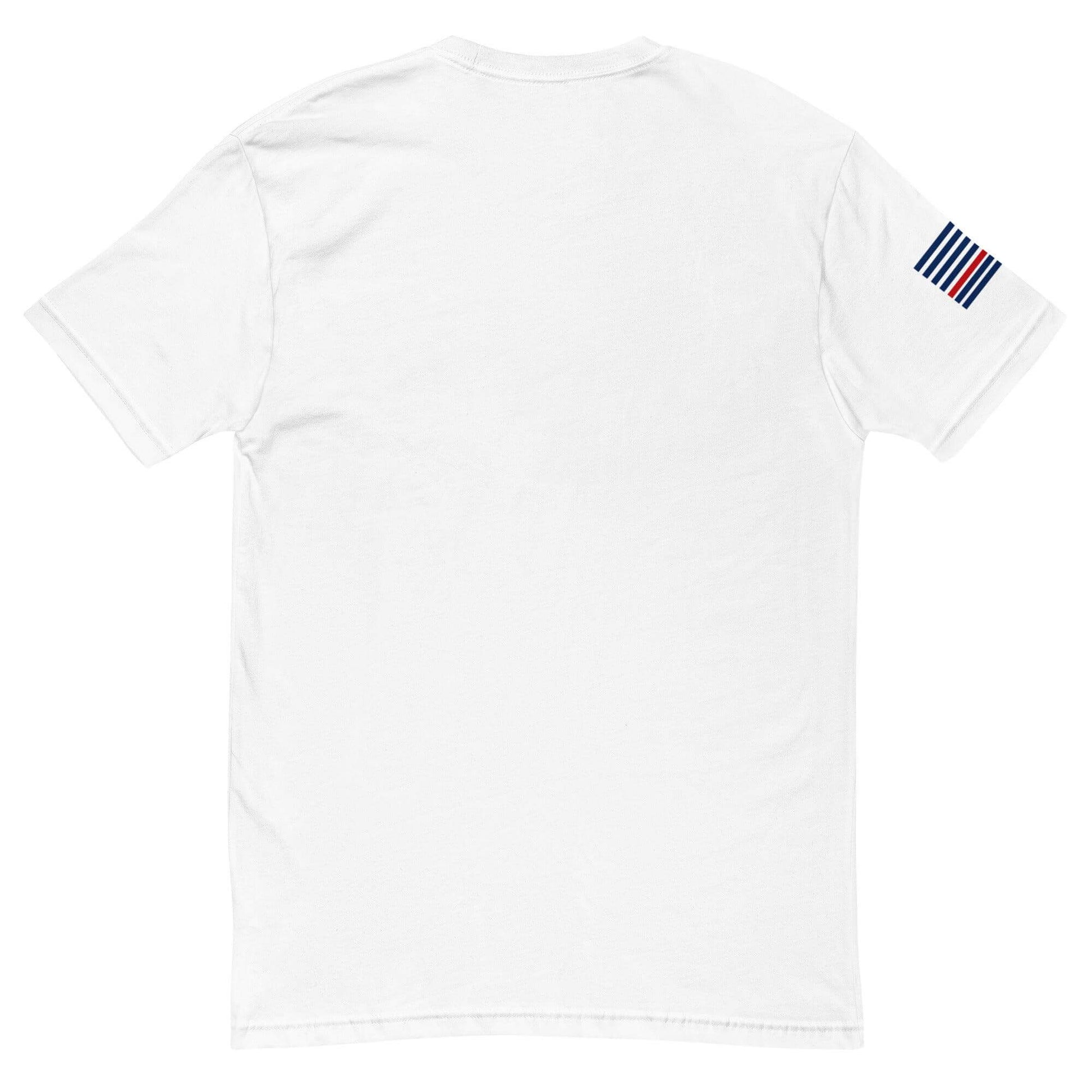 Back view of a white short sleeve t-shirt featuring a decorative stripe design on the sleeve, ideal for firefighter apparel.