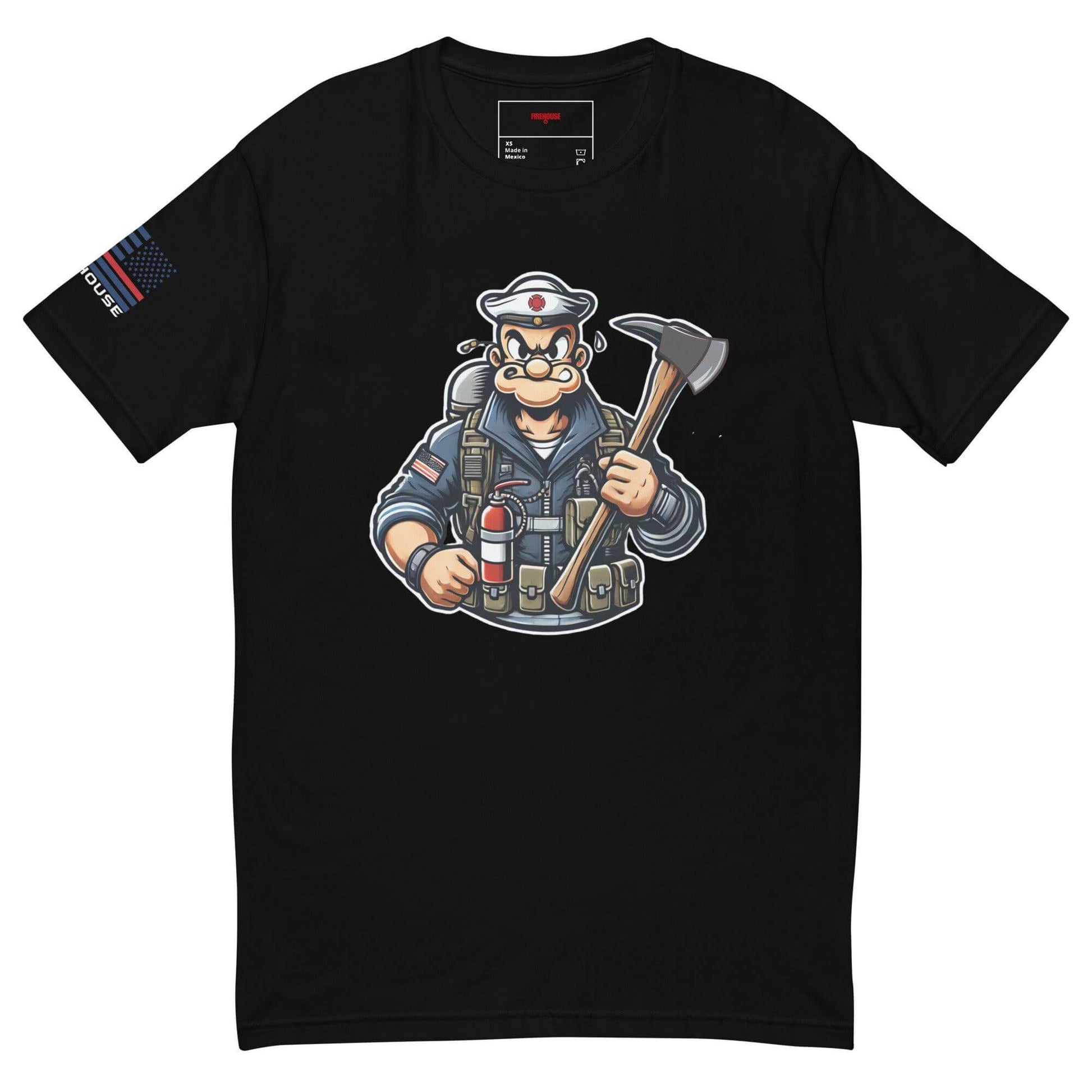 Black t-shirt featuring a cartoon firefighter with tools, perfect for firefighter gifts and apparel.