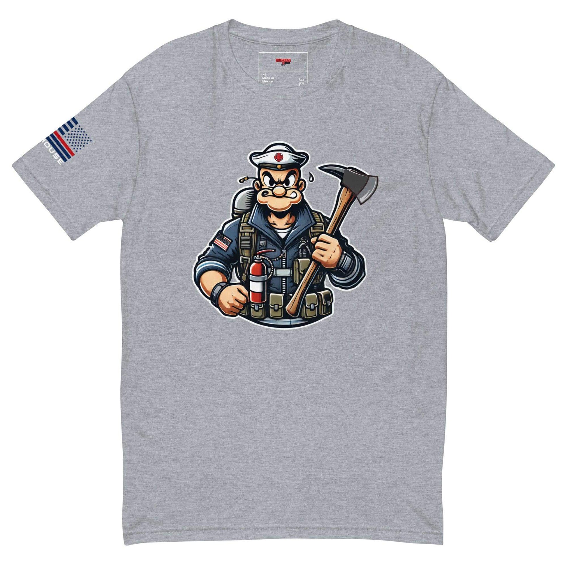 Short sleeve grey t-shirt featuring a firefighter character with an axe and fire gear, ideal for firefighter gifts and apparel.