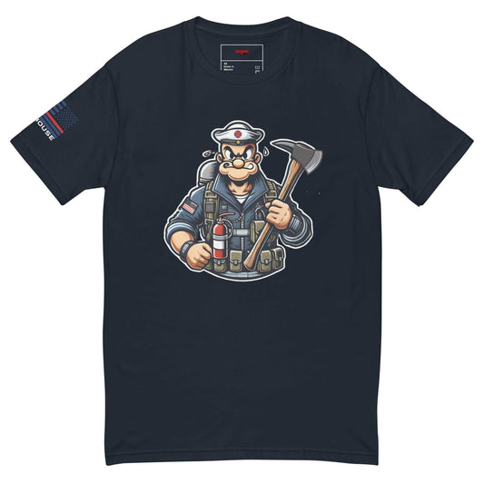 Black t-shirt featuring a cartoon firefighter holding an axe and tools, showcasing firefighter apparel and gear.