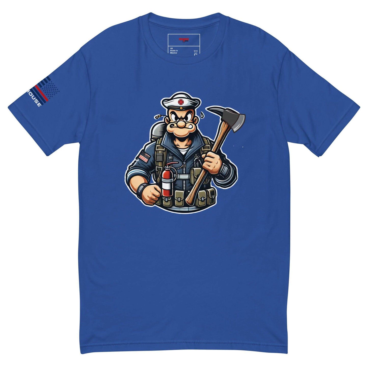 Fun blue t-shirt featuring a cartoon firefighter character with gear, perfect as firefighter gifts or apparel.