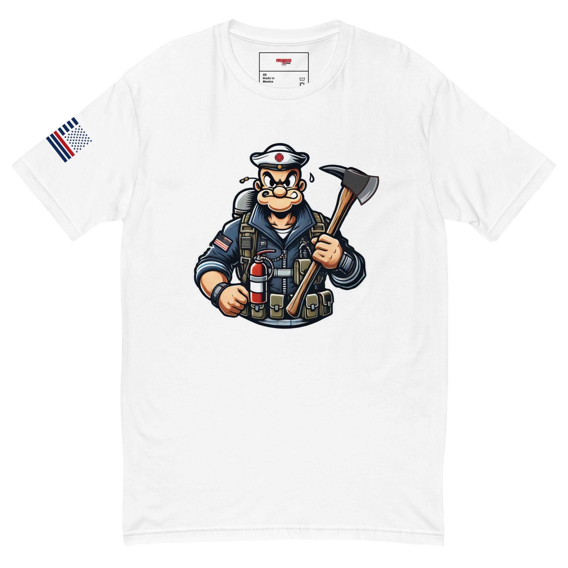 Cartoon firefighter t-shirt with axe and gear, perfect for firefighter gifts and apparel enthusiasts.