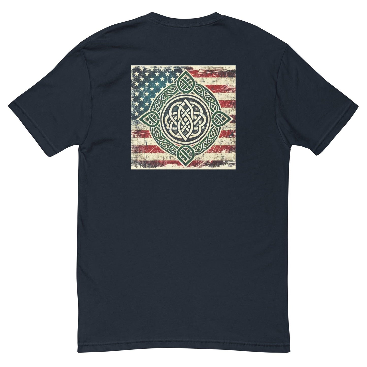 Back view of a navy short sleeve t-shirt featuring a vintage American flag design with intricate pattern.