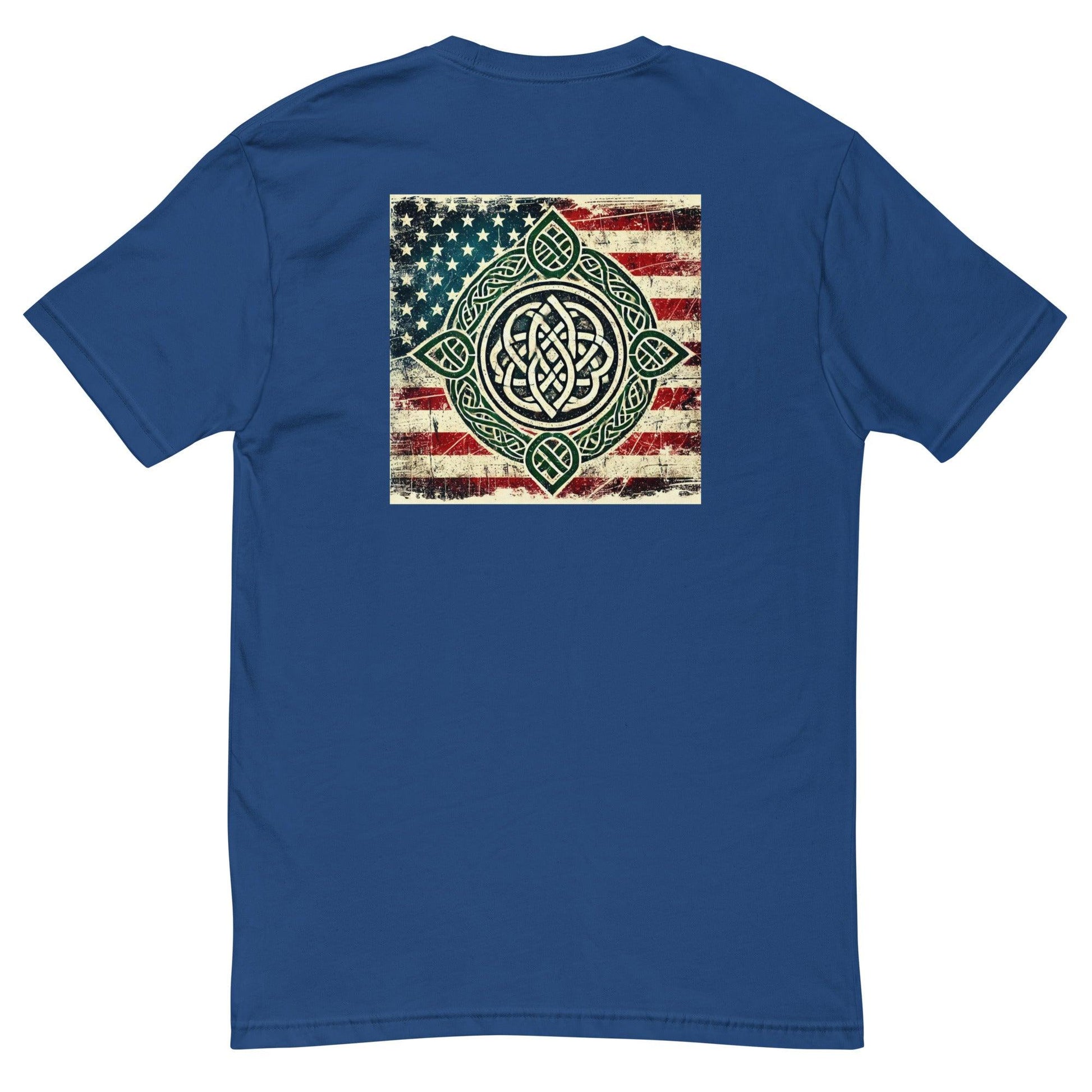 Blue short sleeve t-shirt featuring a vintage American flag design with intricate symbol on the back.