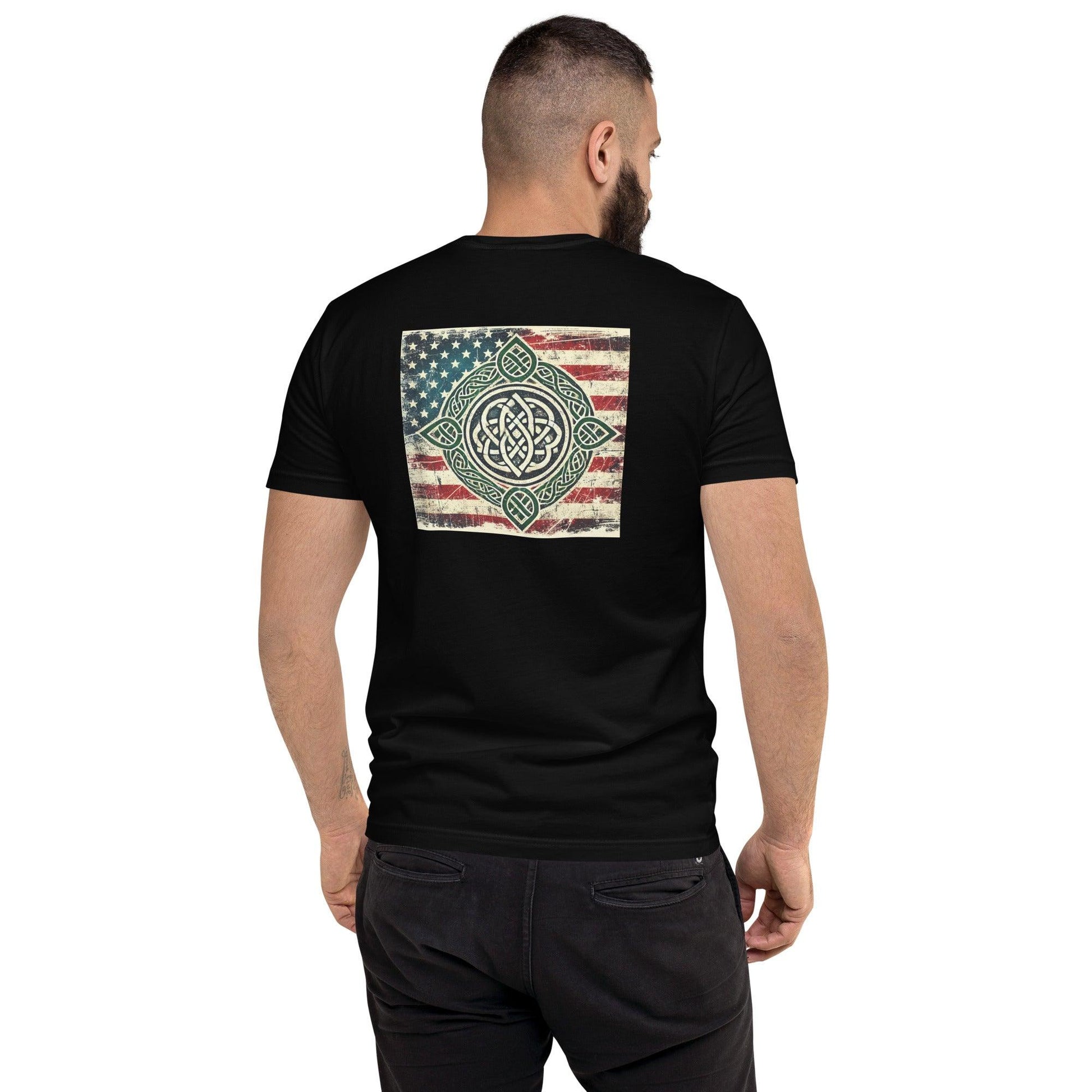 Black short sleeve t-shirt featuring a unique design on the back with an American flag and intricate graphics.