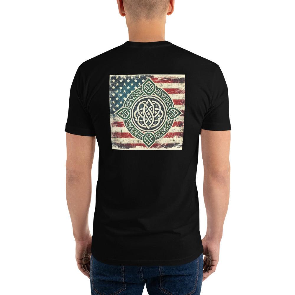 Black short sleeve t-shirt featuring an intricate design on an American flag background, perfect for casual wear.