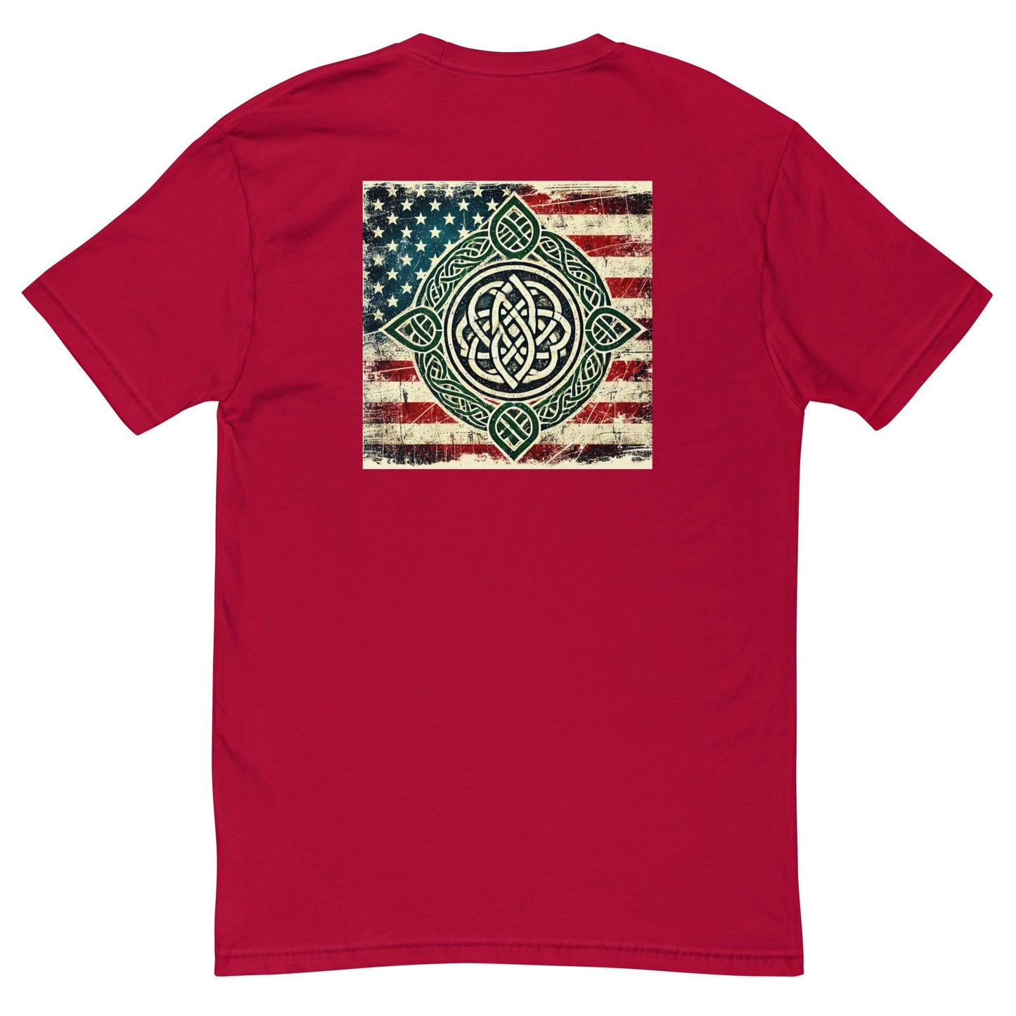 Red short sleeve t-shirt featuring a graphic of a Celtic design over a distressed American flag background.