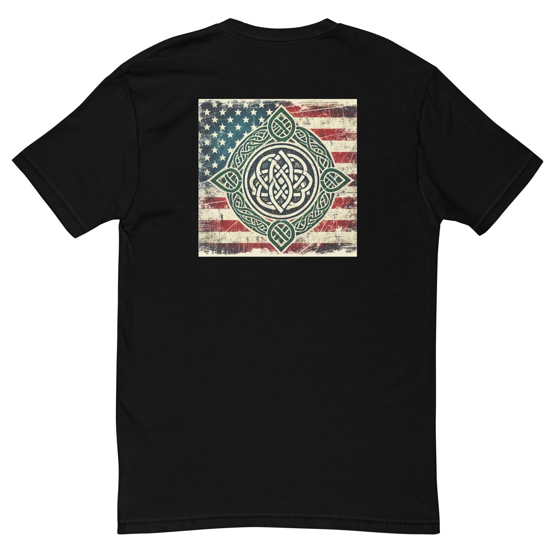 Black t-shirt featuring a vintage American flag design with a decorative emblem on the back, perfect for casual wear.