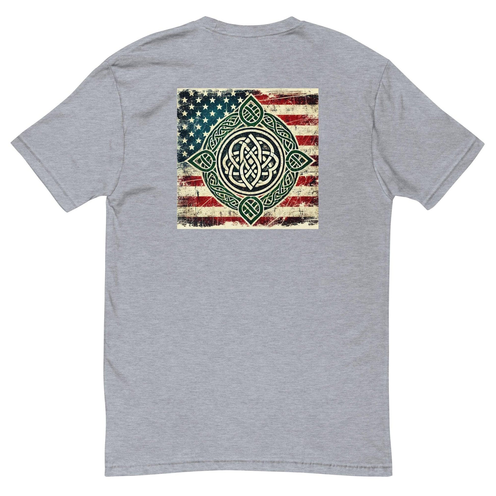 Back view of a short sleeve grey t-shirt featuring a vintage American flag design with a green emblem.