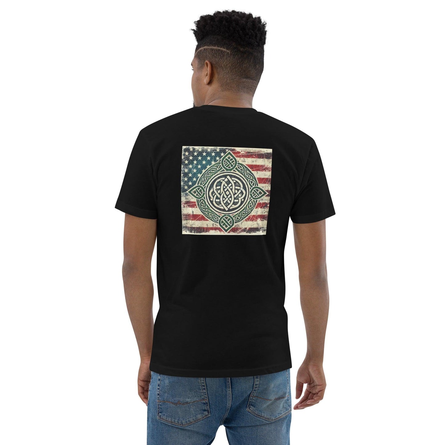 Black short sleeve t-shirt featuring a vintage-style flag graphic on the back, highlighting firefighter pride and heritage.