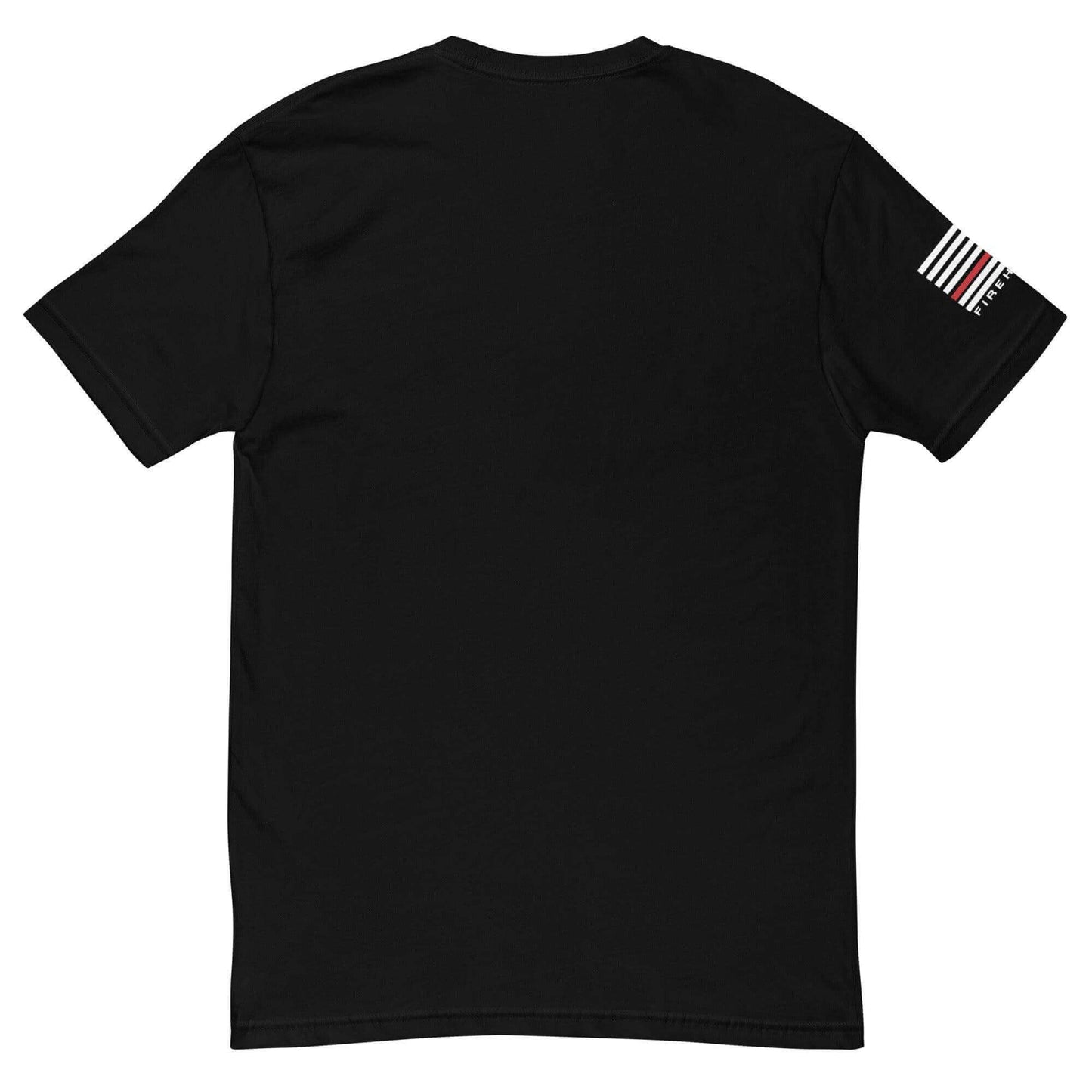 Back view of a black short sleeve t-shirt featuring a decorative stripe on the sleeve, perfect for firefighter apparel.