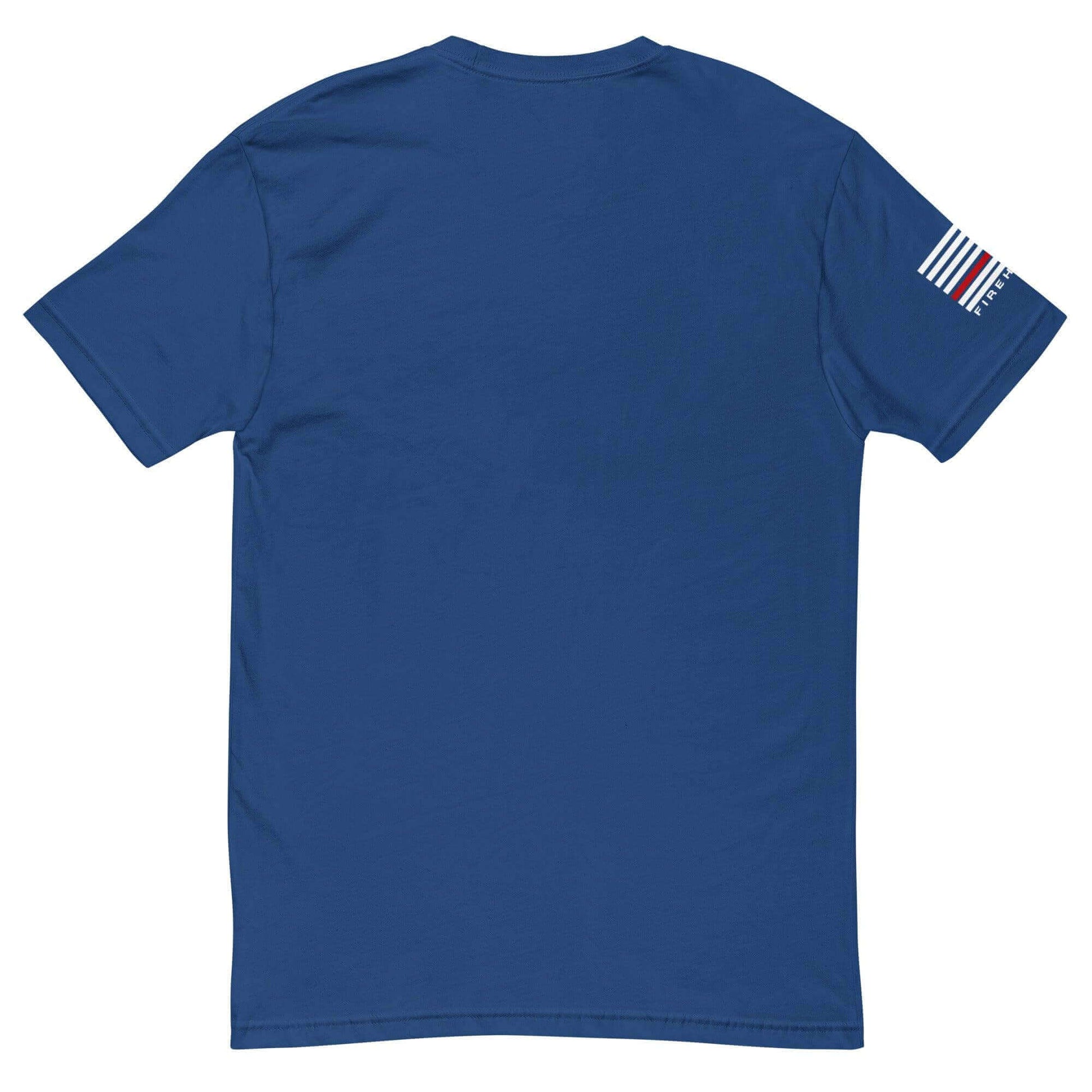 Back view of a navy blue short sleeve t-shirt featuring a striped design on the sleeve, ideal for firefighter apparel.