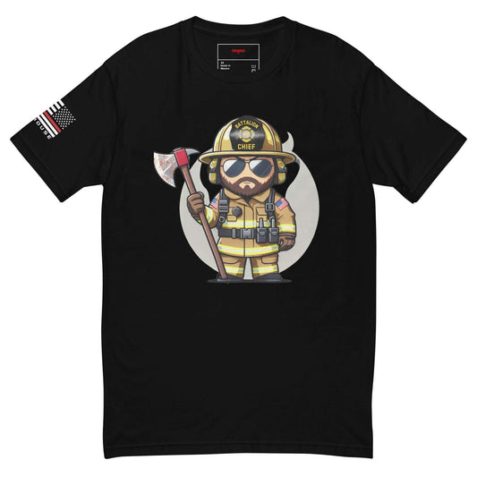 Cartoon firefighter graphic t-shirt with axe, black fabric, ideal for firefighter apparel and gifts.