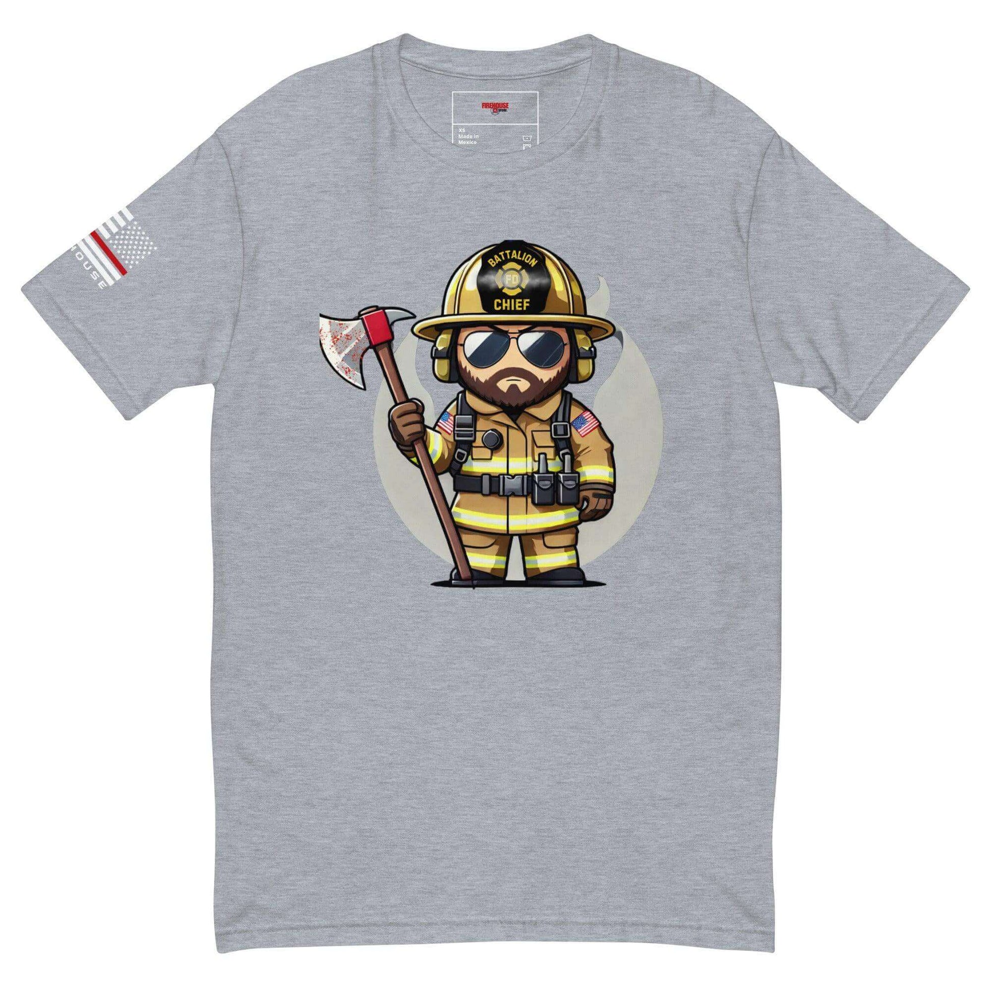 Cartoon firefighter chief graphic on a heather grey short sleeve t-shirt, ideal for firefighter apparel and gifts.