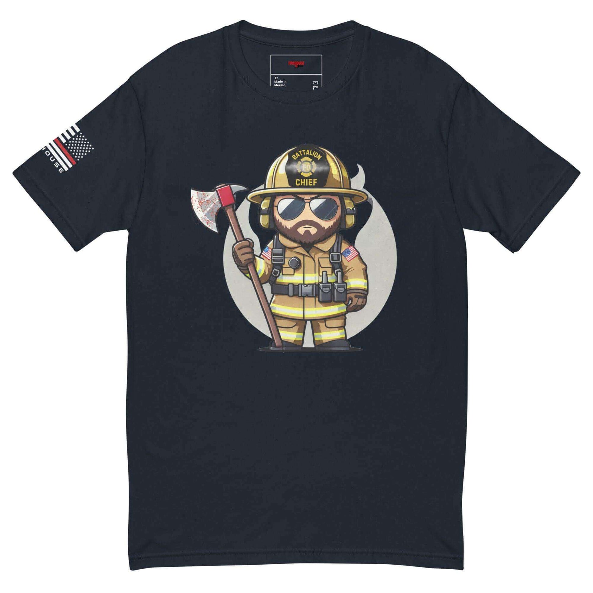 Cartoon firefighter chief t-shirt with axe, perfect for firefighter gifts and apparel, featuring American flag design.