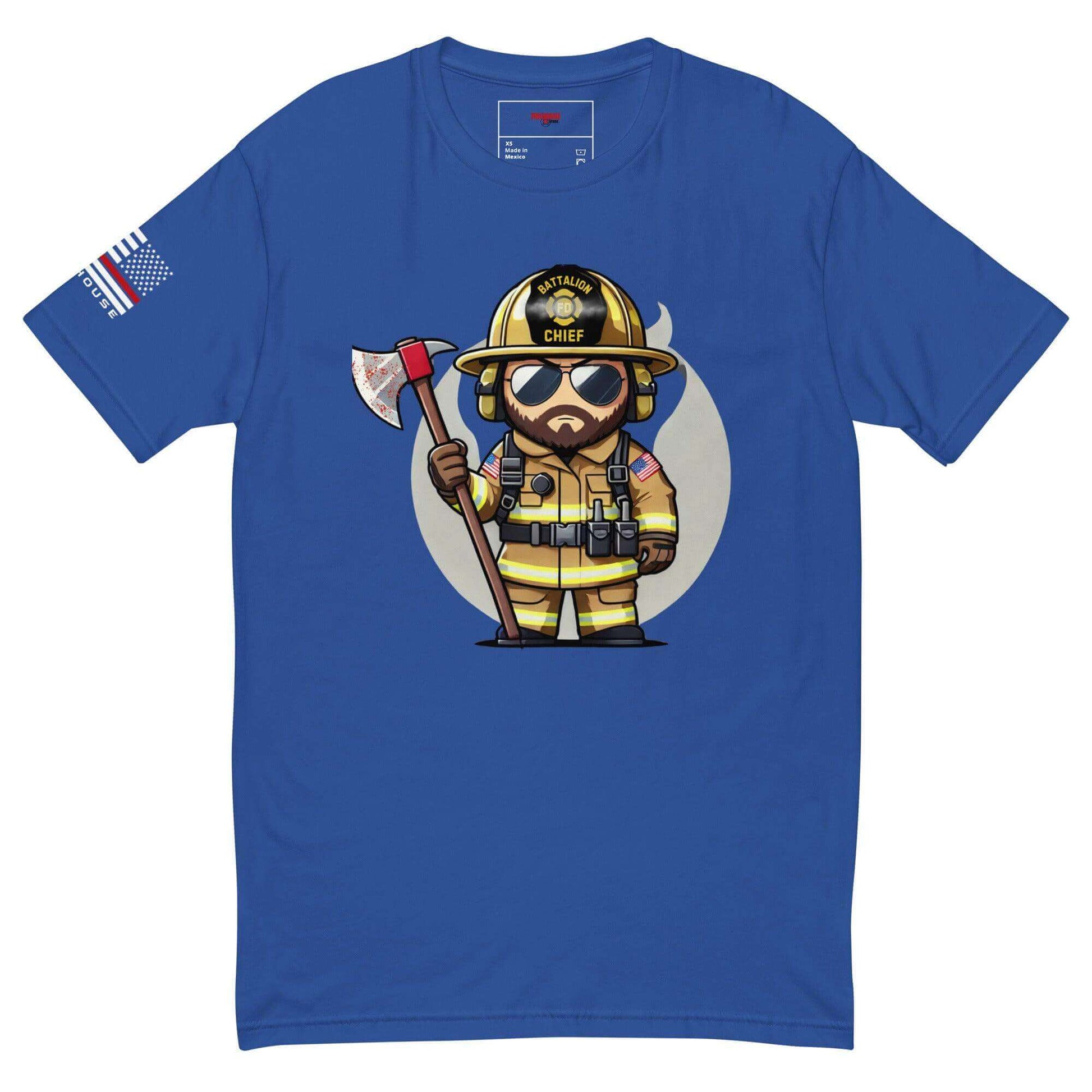 Cartoon firefighter chief t-shirt in blue with axe and sunglasses, perfect for firefighter gifts and apparel.