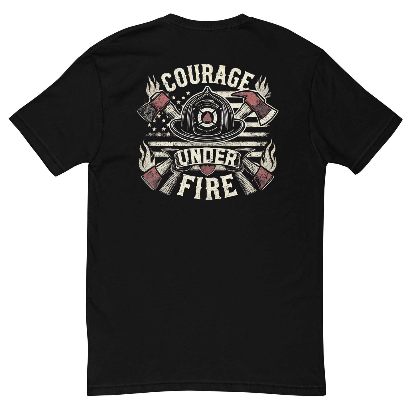 Black short sleeve t-shirt featuring "Courage Under Fire" design, perfect for firefighter apparel and gifts.