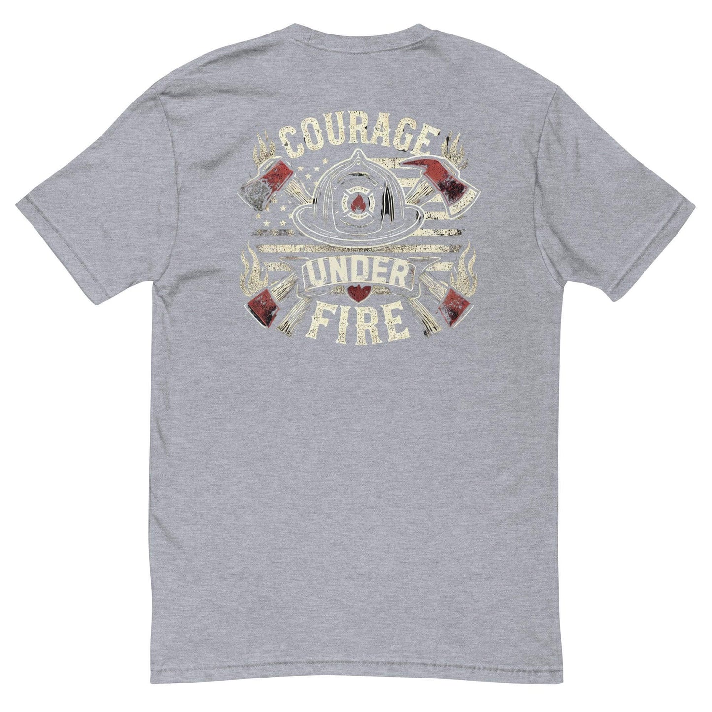 Heather grey short sleeve t-shirt featuring "Courage Under Fire" graphic, perfect for firefighter apparel and gifts.