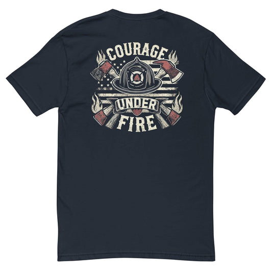 Short sleeve t-shirt with "Courage Under Fire" design featuring a firefighter helmet and axes, perfect for firefighter apparel.