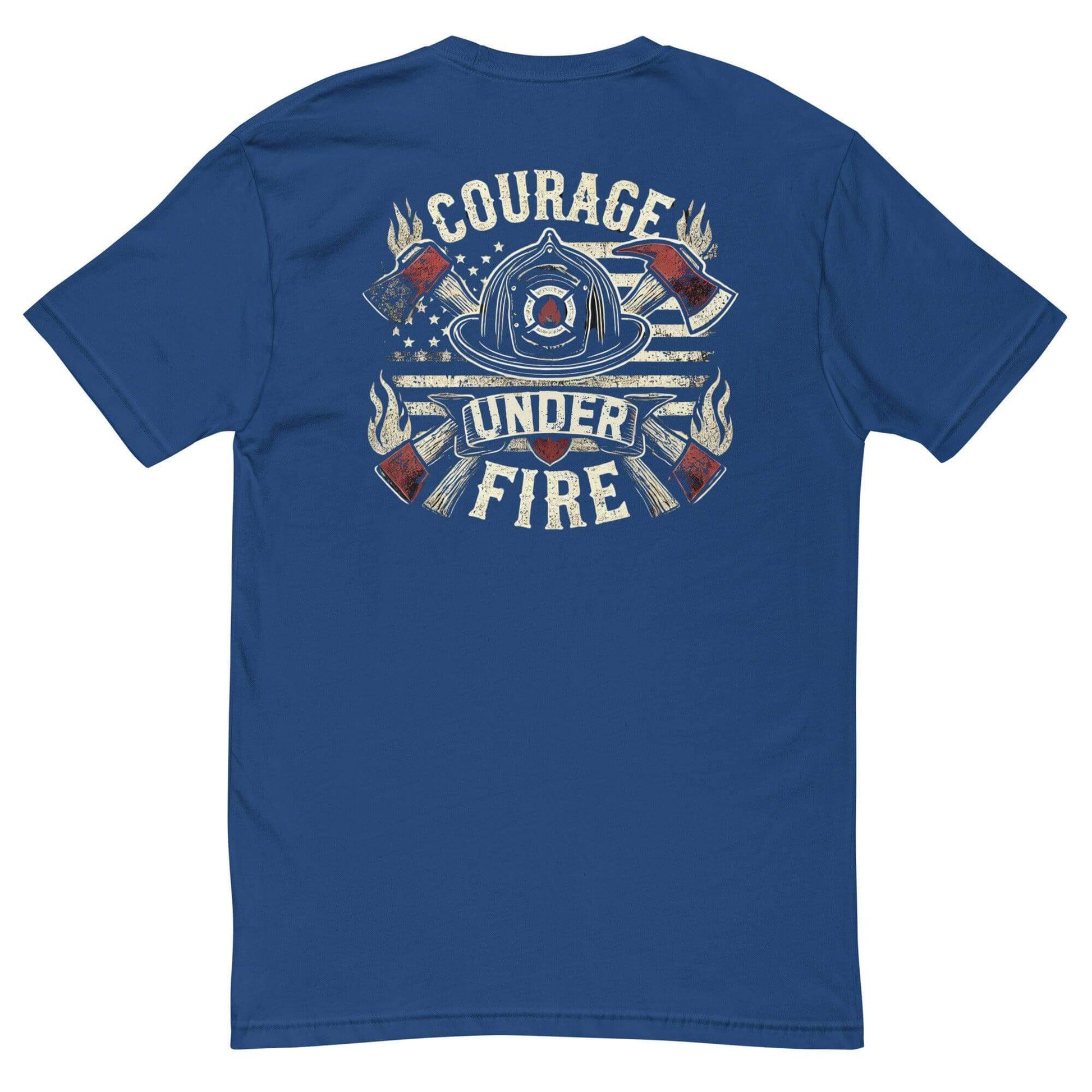 Back view of a blue short sleeve t-shirt with "Courage Under Fire" graphic and firefighter-themed design.