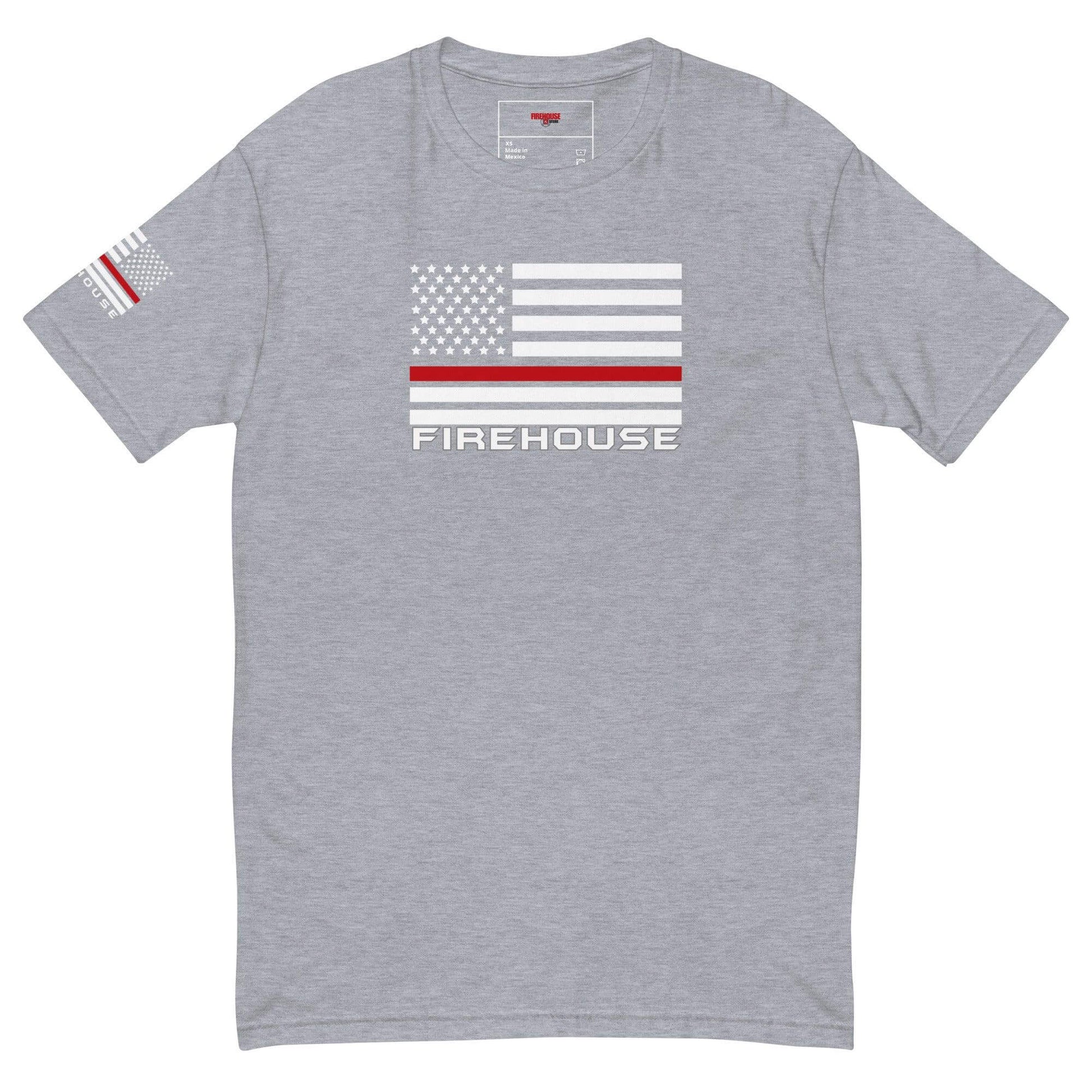 Short sleeve grey t-shirt featuring American flag and "FIREHOUSE" print, ideal for firefighter gifts and apparel.