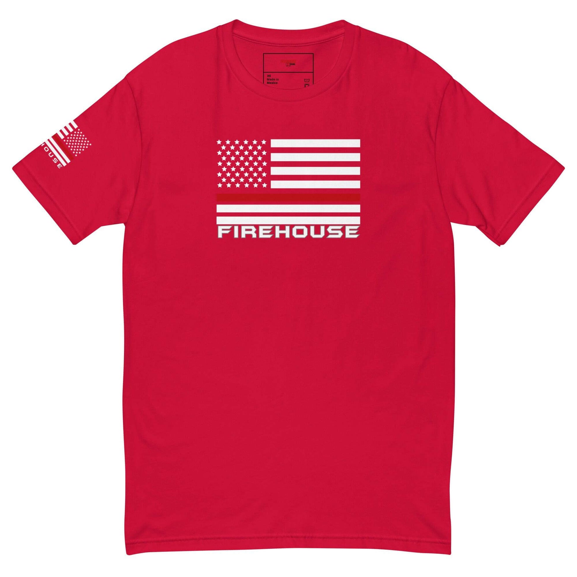 Red short sleeve t-shirt featuring American flag and "FIREHOUSE" text, ideal for firefighter apparel and gifts.