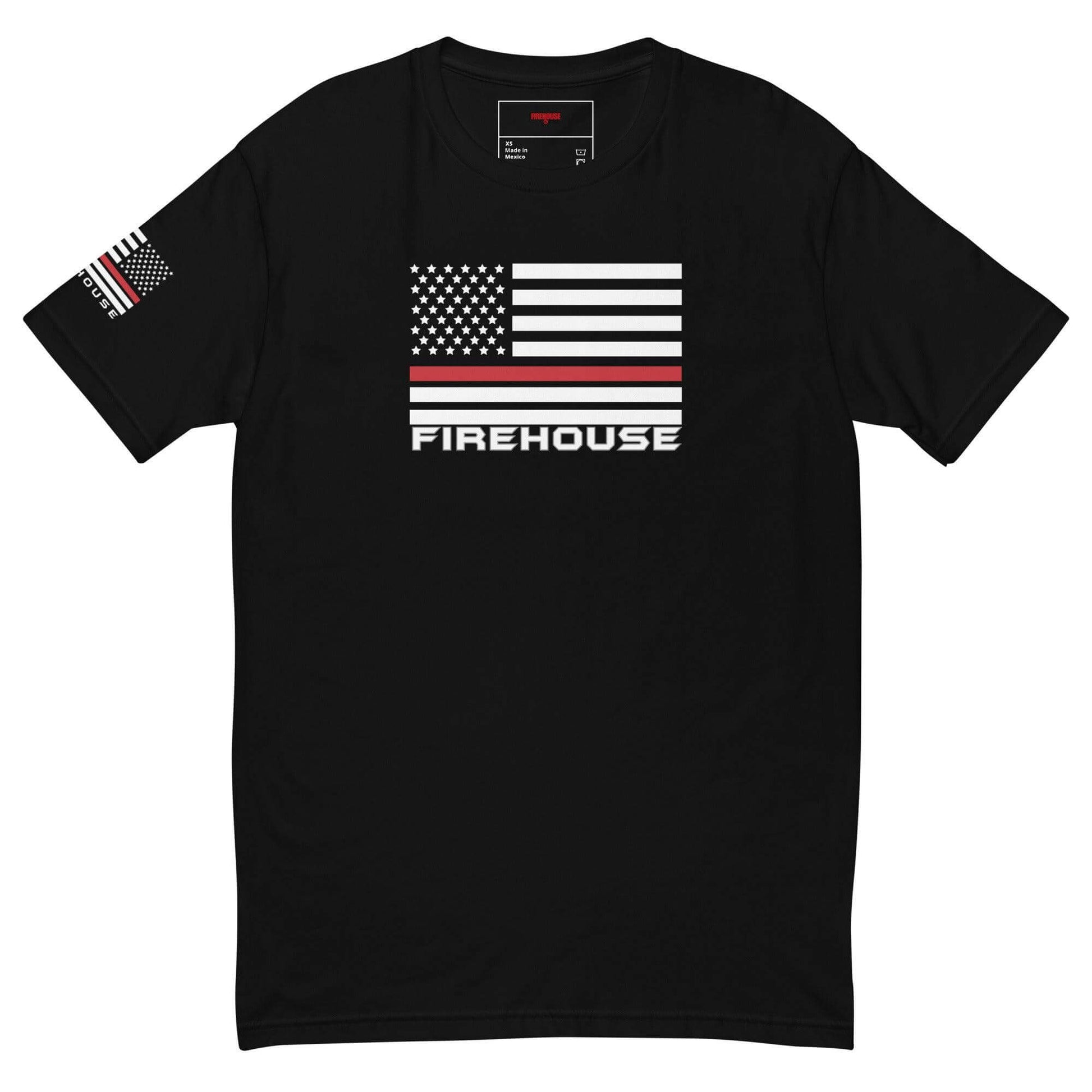 Black short sleeve t-shirt featuring American flag and "FIREHOUSE" text, perfect for firefighter apparel and gifts.