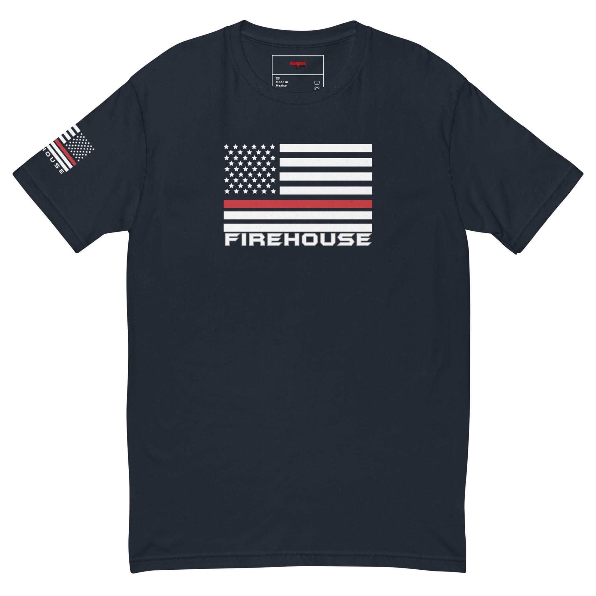 Black short sleeve t-shirt featuring American flag and "FIREHOUSE" text, ideal for firefighter apparel and gifts.