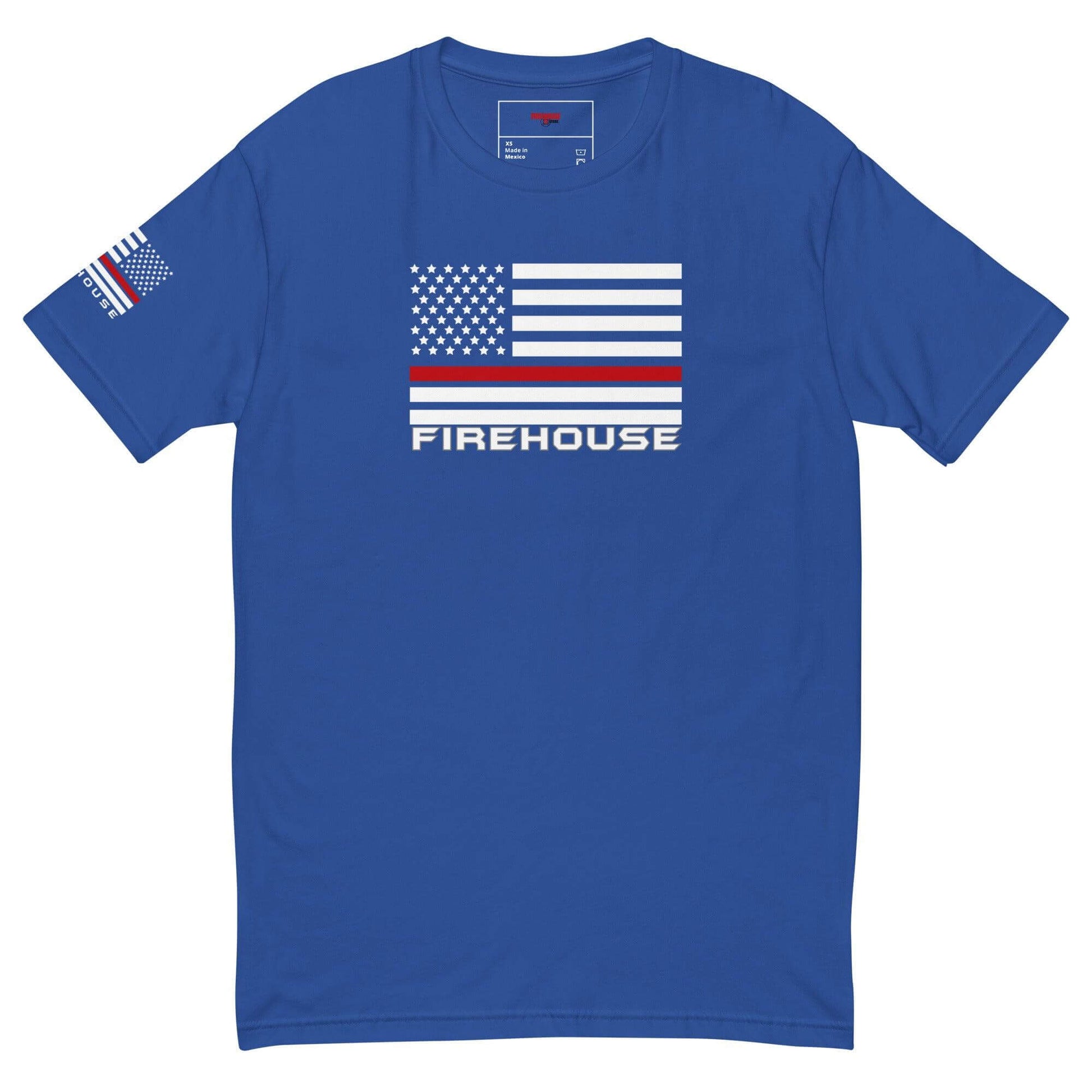 Short sleeve blue t-shirt with American flag design and "FIREHOUSE" text, perfect for firefighter apparel and gifts.