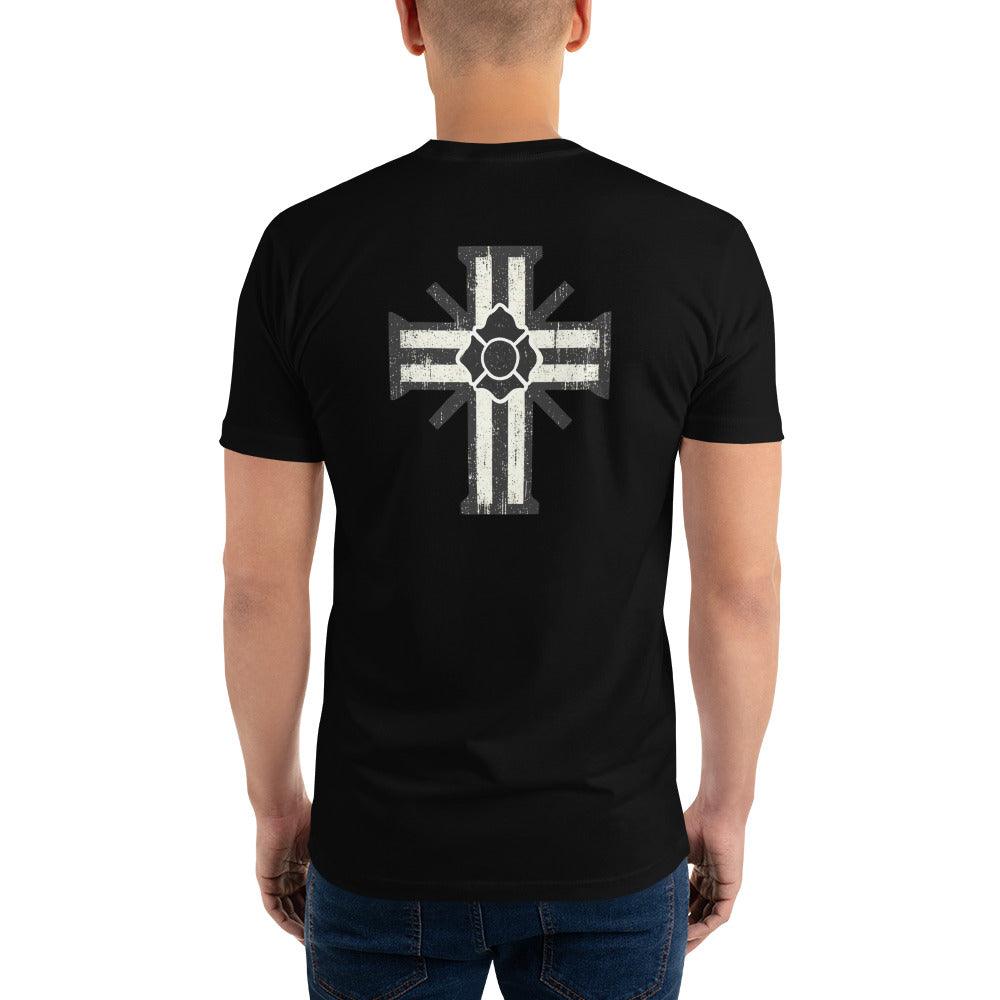 Black short sleeve t-shirt featuring a bold cross design on the back, perfect for firefighter enthusiasts and gifts.