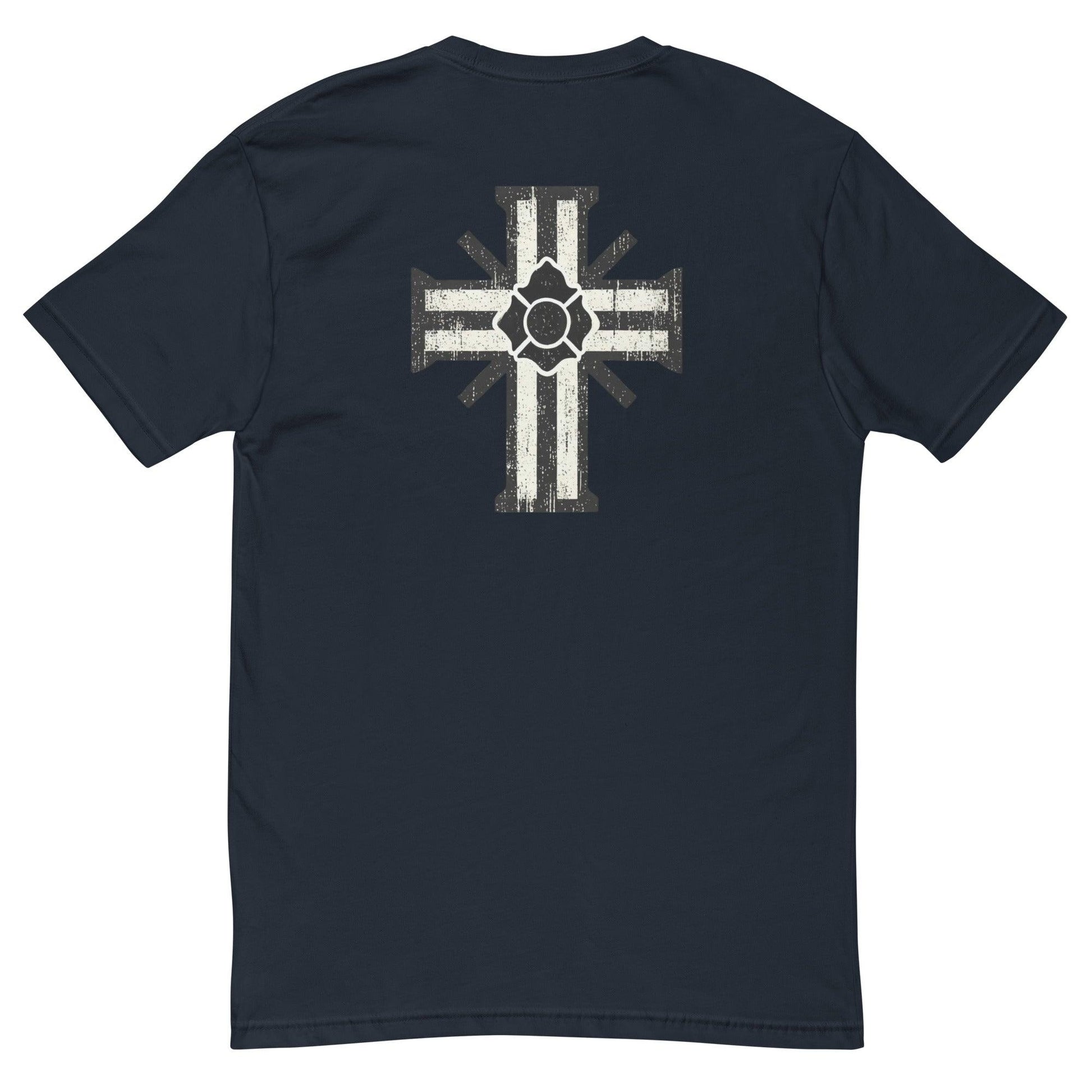 Short sleeve t-shirt featuring a bold cross design, perfect for firefighter apparel and unique firehouse gifts.